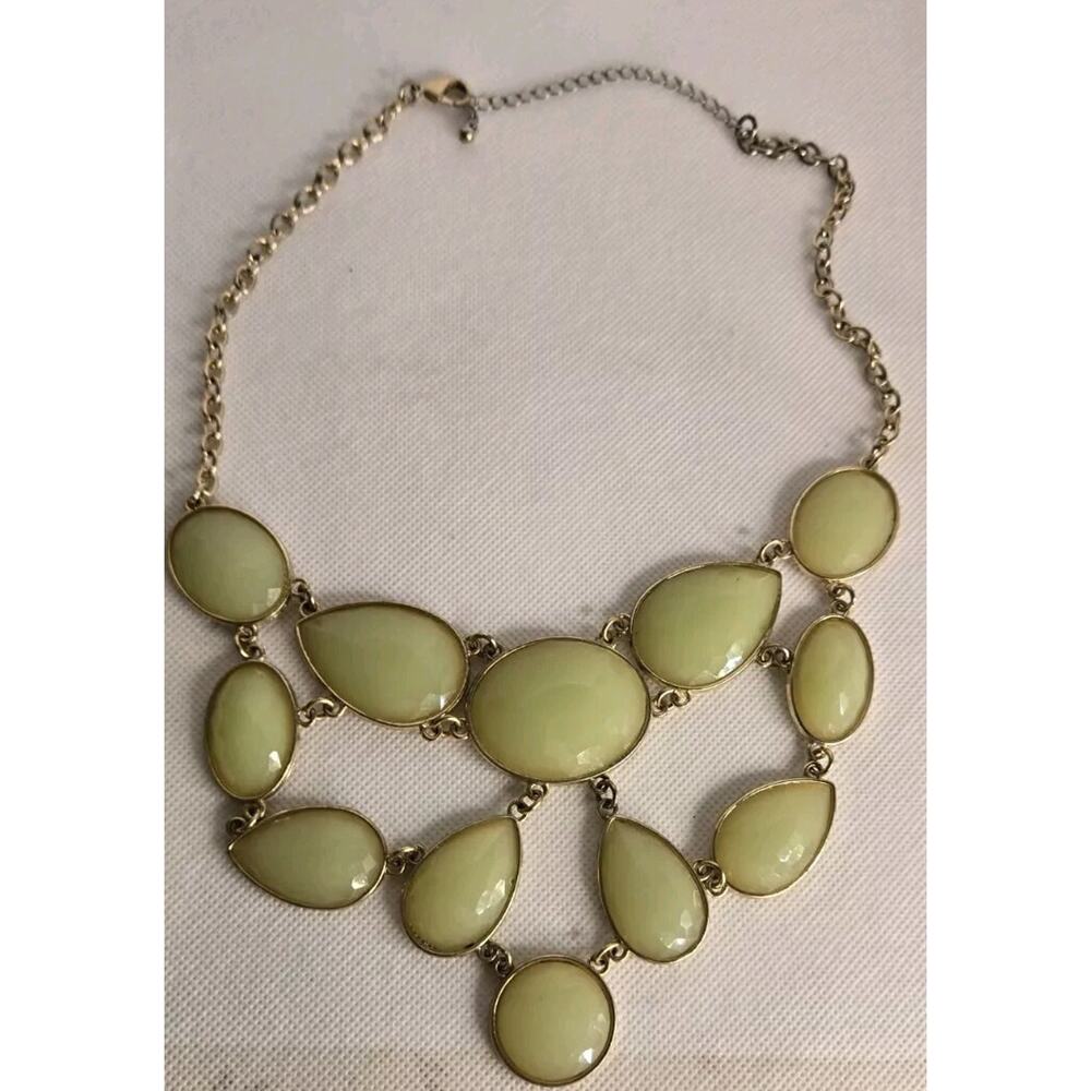 Large Opal Green Color Faux Stone Bib Gold Tone Statement Necklace